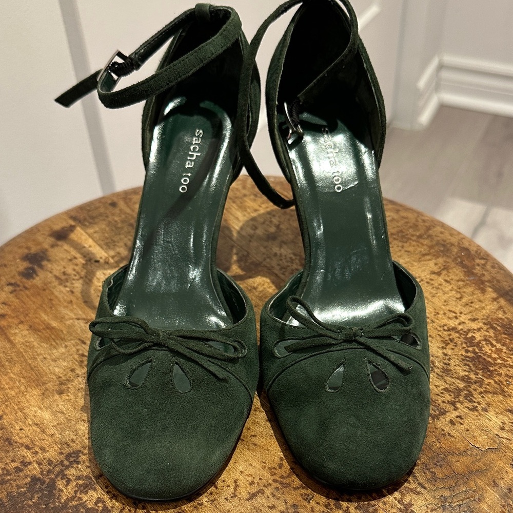 Sacha Too Forest Green Suede Ankle-Strap Heels with Bow